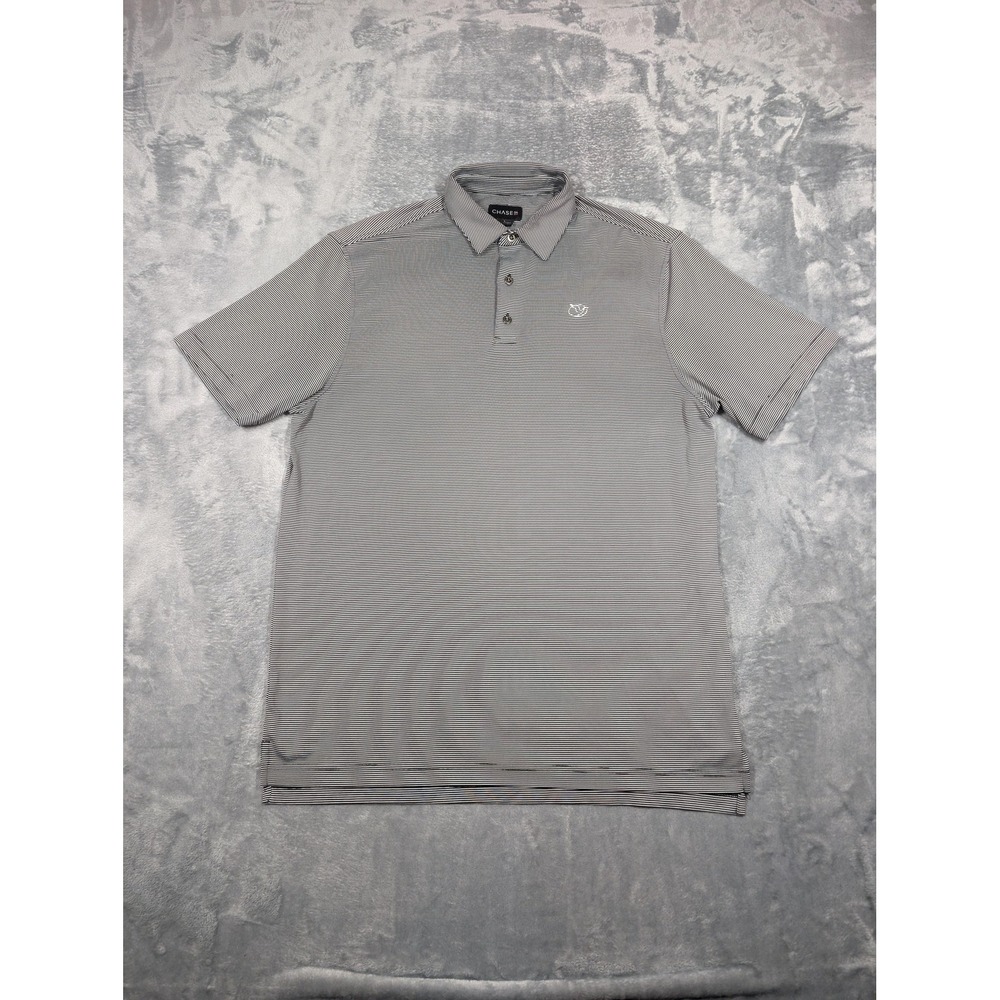 CHASE54 Polo Shirt Mens Large Gray Stripe Golf Performance Stretch Logo